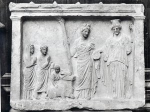Man, Woman and Child Before an Altar Offering a Sow as a Sacrifice to Demeter and Kore
